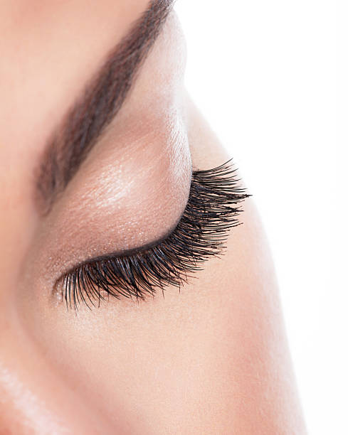 macro image of  long curly eyelashes over white background